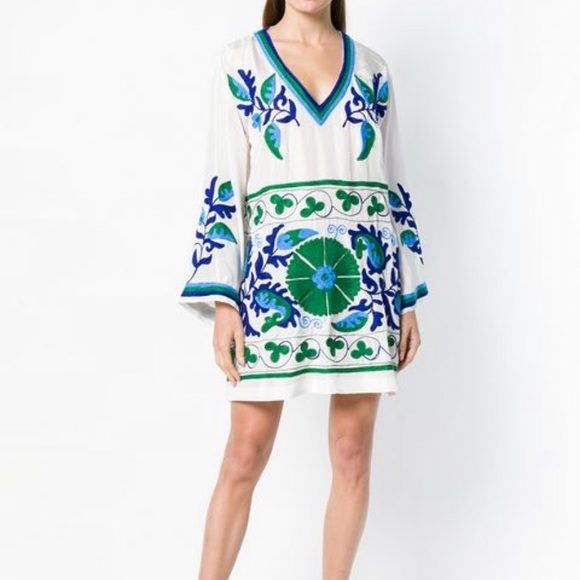 Boho Handmade Mini Dress Embroidered S/M 100%cotton Kelly Green/Blue Retail $208 - Picture 14 of 14